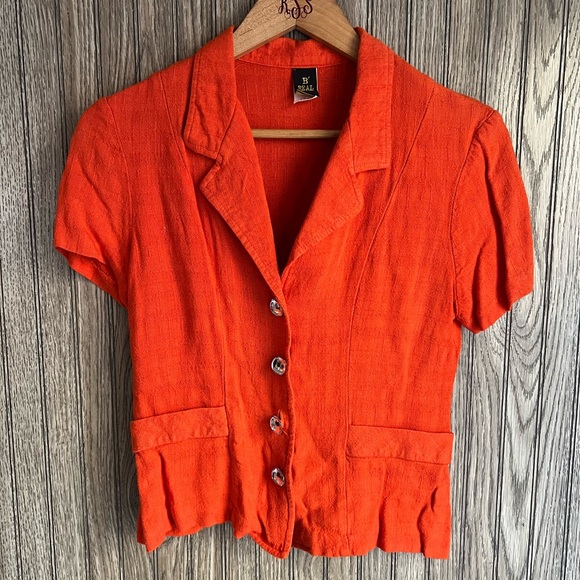 VTG 90’s Neon Orange Diamond Rhinestone Button Down Blazer Mini Skirt Suit Set - Picture 7 of 7